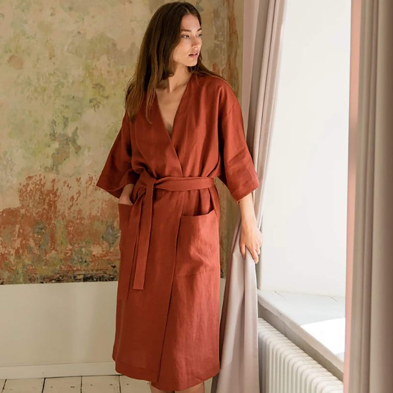 Burgundy Linen Mid-length Robe