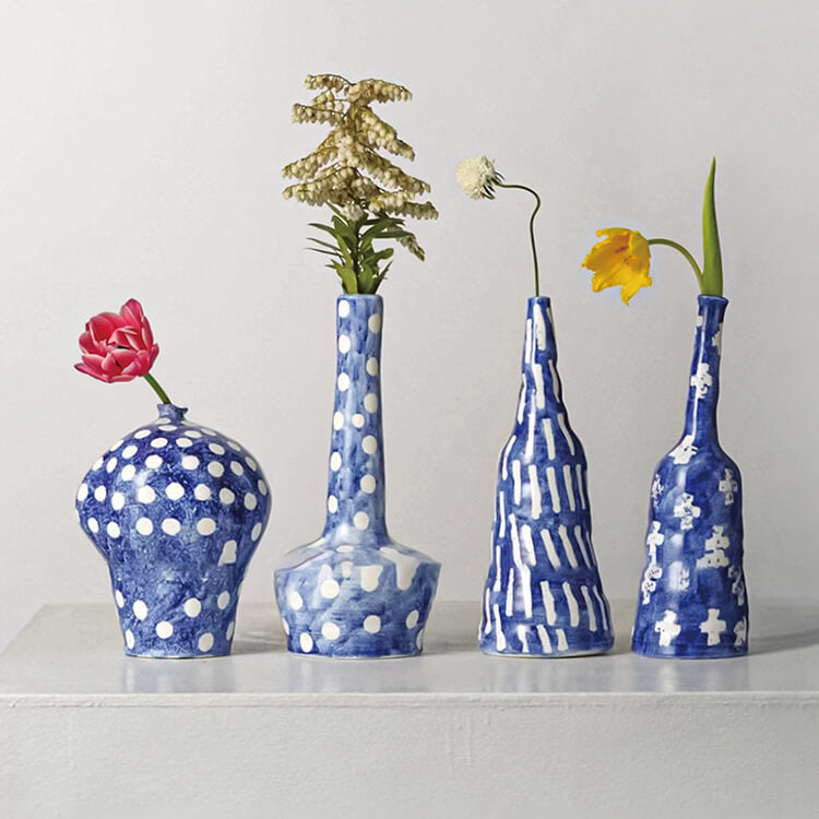 Handcrafted Blue Polka Dot Ceramic Flower Vessel
