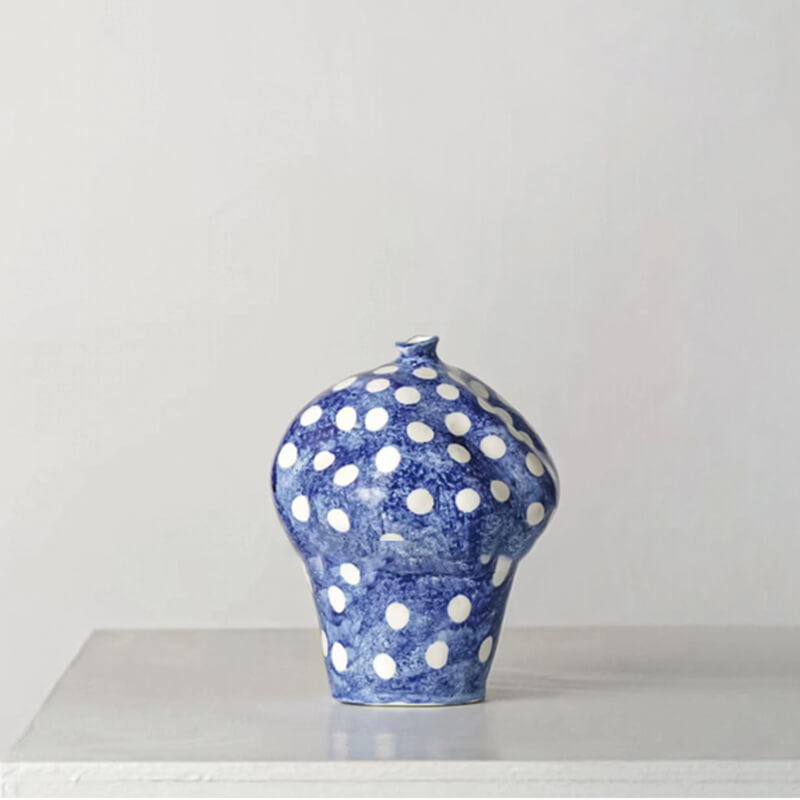 Handcrafted Blue Polka Dot Ceramic Flower Vessel