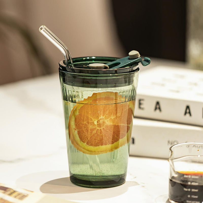 Dark Green Glass Water Cup With Straw - Eunaliving