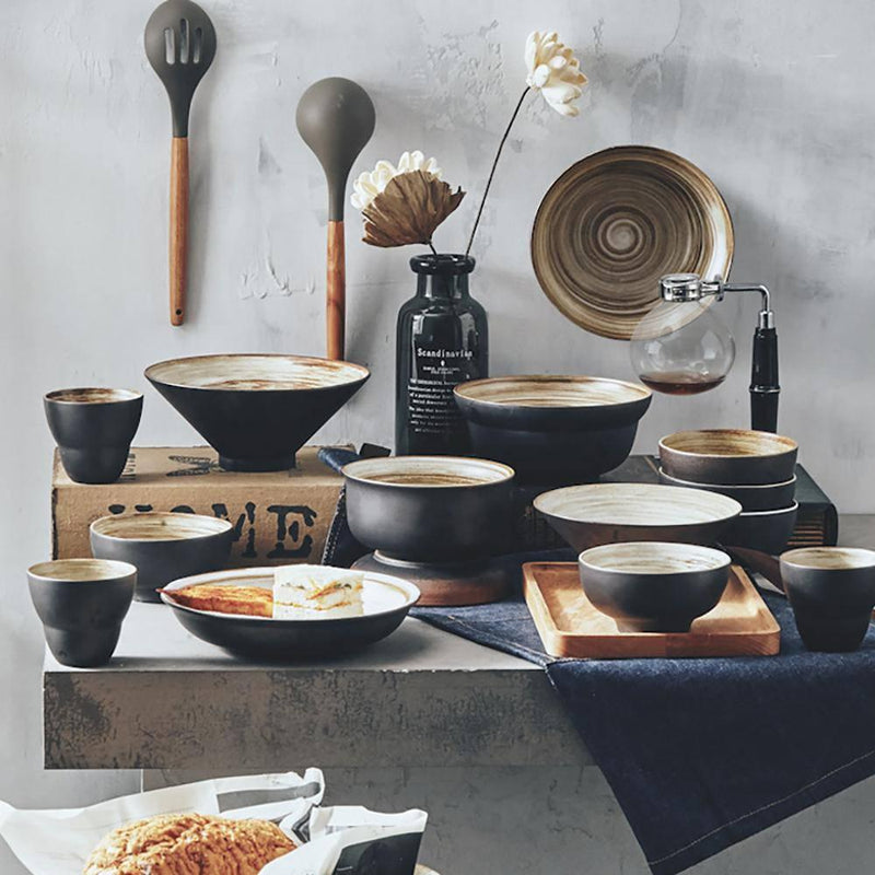 Euna - Japanese Rough Pottery Black Vintage Tableware, Small Golden Bell Bowl/Small Bucket Bowl/Large Golden Bell Bowl/Skimmer Dish/Medium Size Dish/Large Bowl