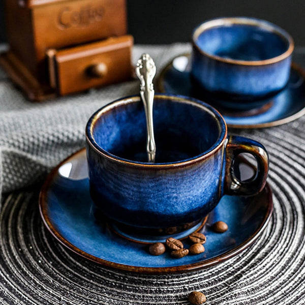 Retro Blue Ceramic Coffee Cup And Saucer - Eunaliving