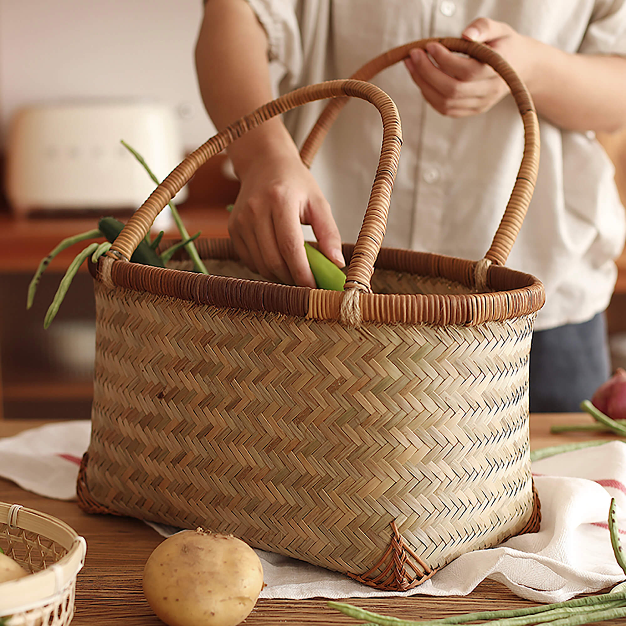 Euna  Bamboo Basket Handmade Small Bamboo Basket Home Shopping