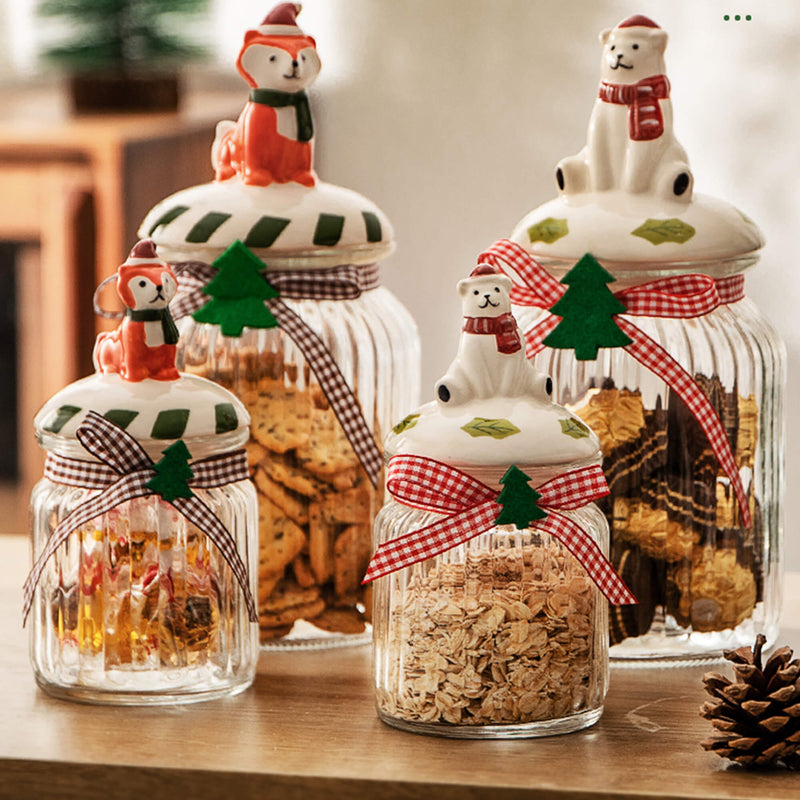 Christmas Crackers, Nuts And Candies In Glass Jars