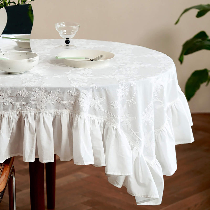 Vintage French Ruffle Embroidered Tablecloth