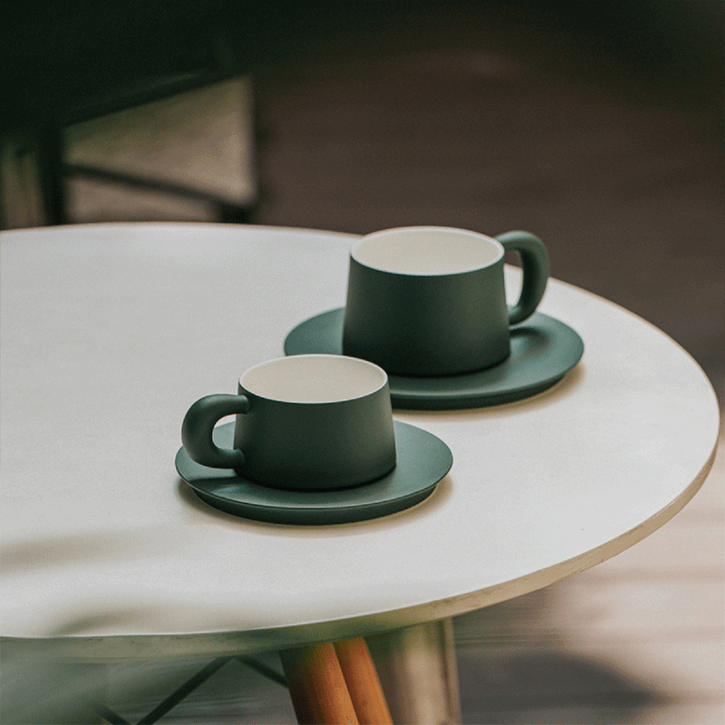 Dark Green Ceramic Coffee Cup and Saucer Set