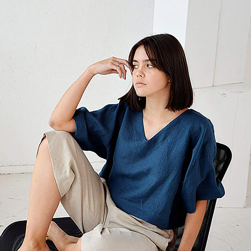 French Linen V-neck T-shirt With Five-part Sleeves