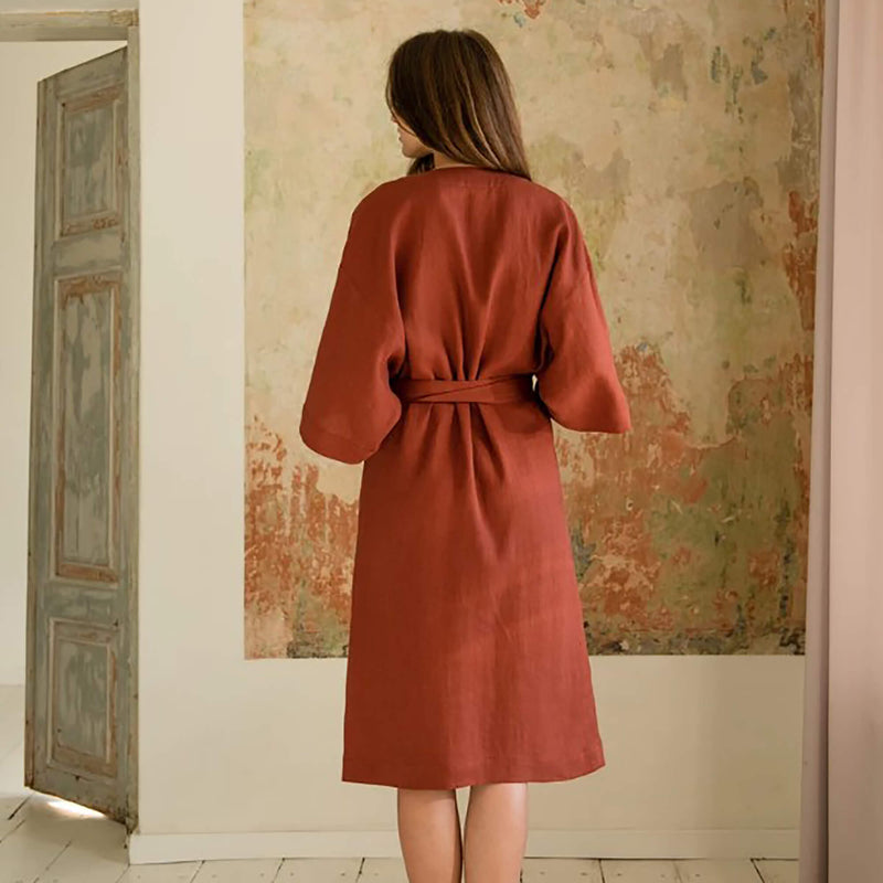 Burgundy Linen Mid-length Robe