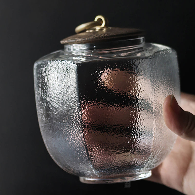 Hammered Wooden Lid Glass Storage Jar