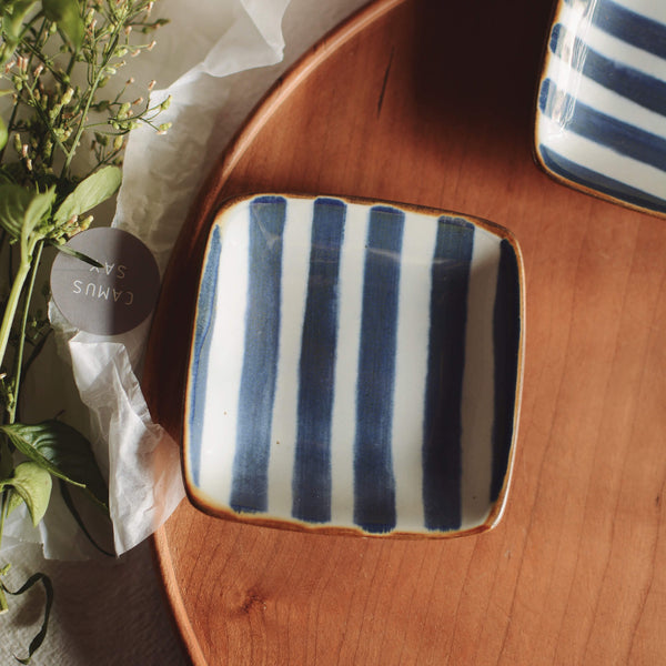 Hand-brushed Blue Striped Ceramic Small Dish