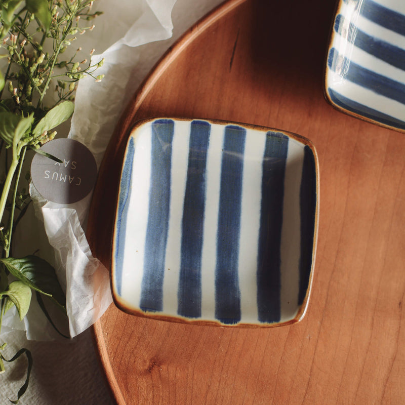 Hand-brushed Blue Striped Ceramic Small Dish