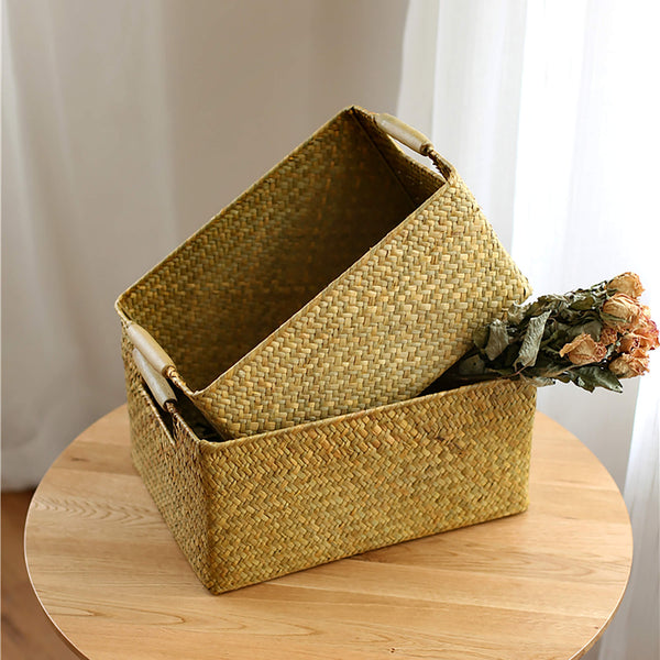 Vintage Seagrass Woven Rectangular Storage Box