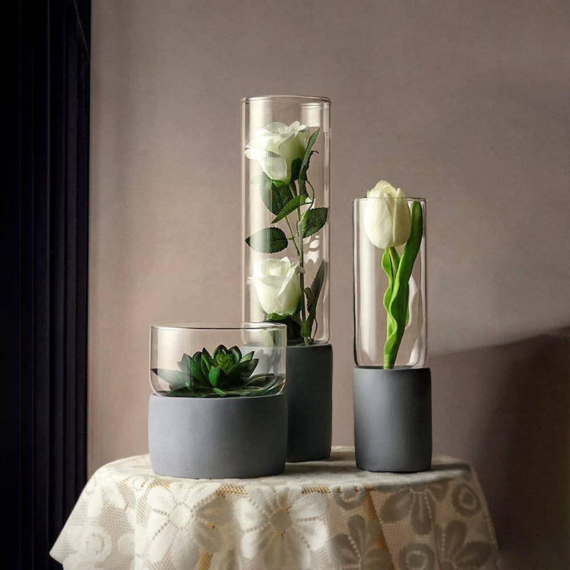 Cement Glass Vase Transparent Flower Vessel - Eunaliving