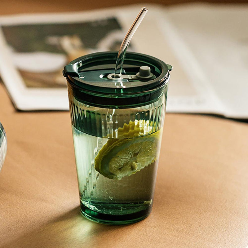 Dark Green Glass Water Cup With Straw - Eunaliving