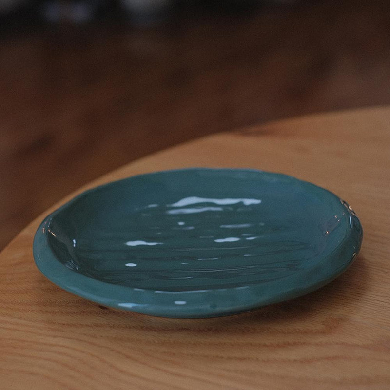Embossed Hand Crafted Vintage Green Ceramic Dessert Plate - Eunaliving