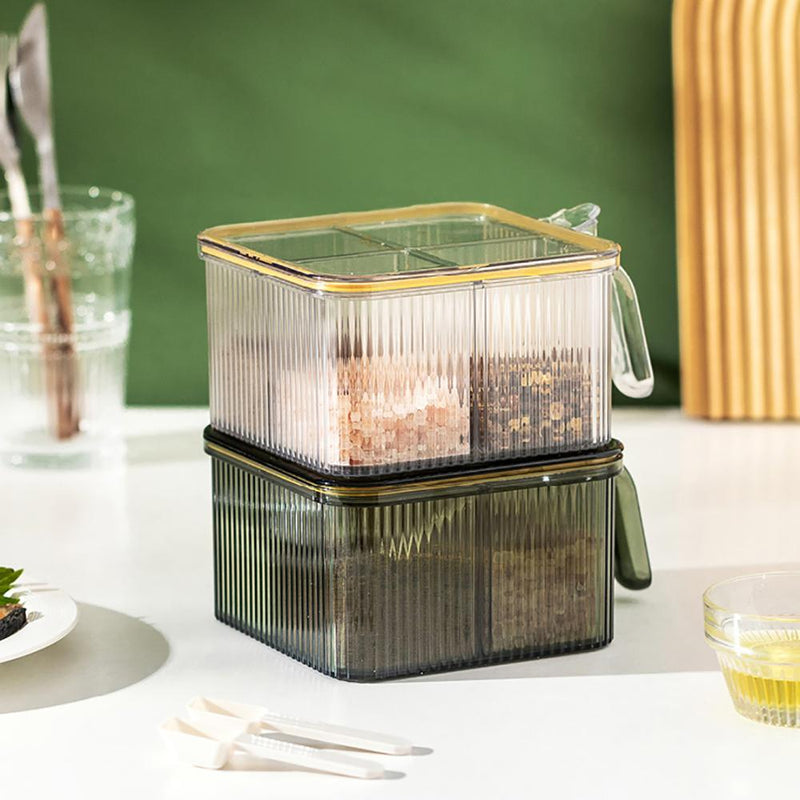 Euna - Four-compartment Integrated Seasoning Jar, Transparent Yellow/Transparent White/Transparent Green