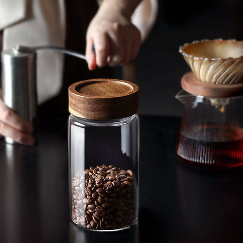 Glass Solid Wood Lid Sealed Jar Coffee Storage Bean Jar - Eunaliving
