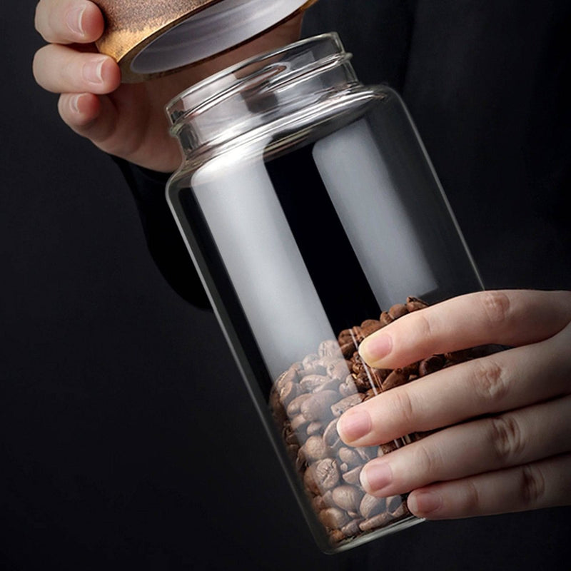 Glass Solid Wood Lid Sealed Jar Coffee Storage Bean Jar - Eunaliving