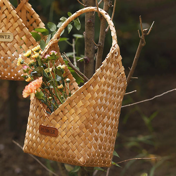 Handcrafted Wooden Piece Woven Portable Flower Basket - Eunaliving