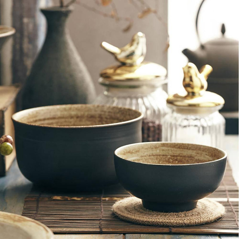 Euna - Japanese Rough Pottery Black Vintage Tableware, Small Golden Bell Bowl/Small Bucket Bowl/Large Golden Bell Bowl/Skimmer Dish/Medium Size Dish/Large Bowl