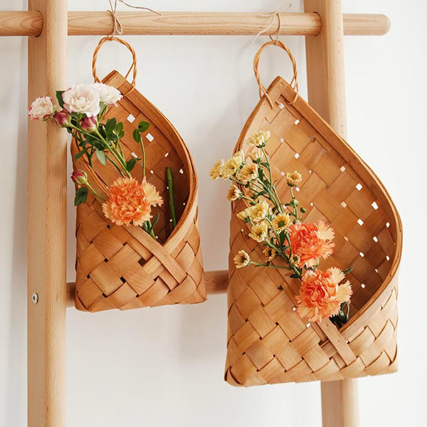 Scandinavian Handmade Wicker Wooden Piece Basket - Eunaliving