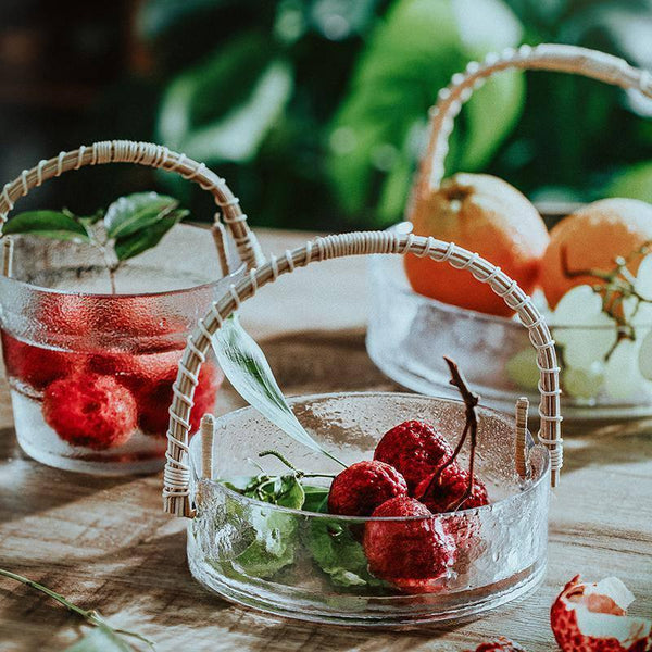 Rattan Handle Glass Fruit Basket - Eunaliving
