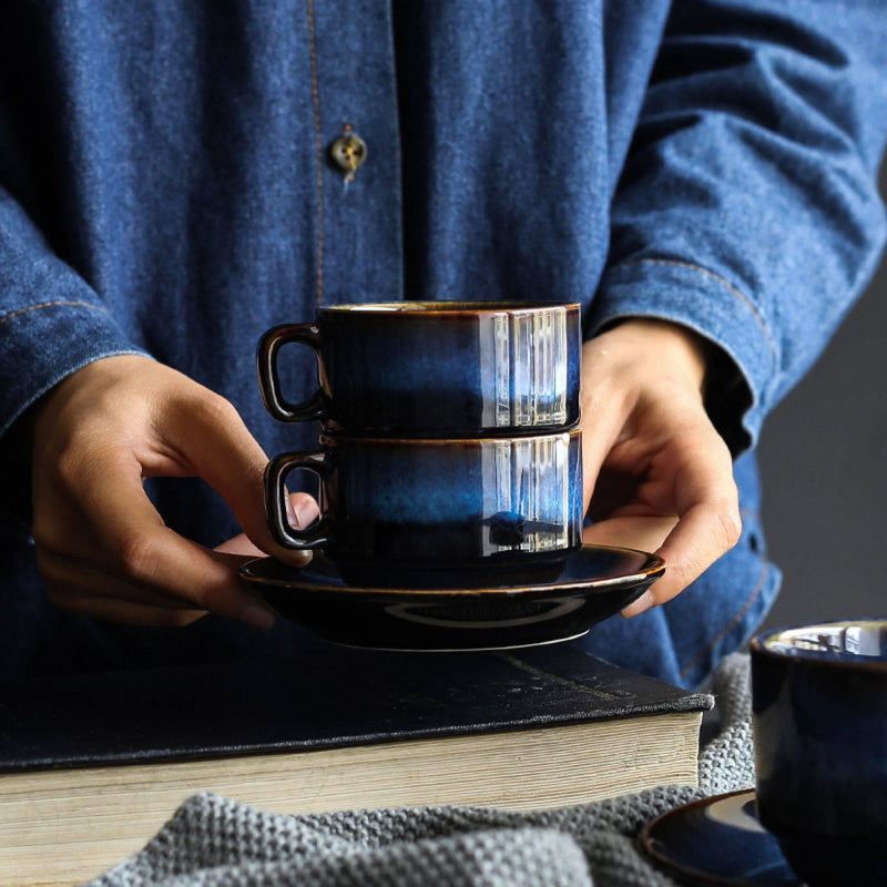 Retro Blue Ceramic Coffee Cup And Saucer - Eunaliving