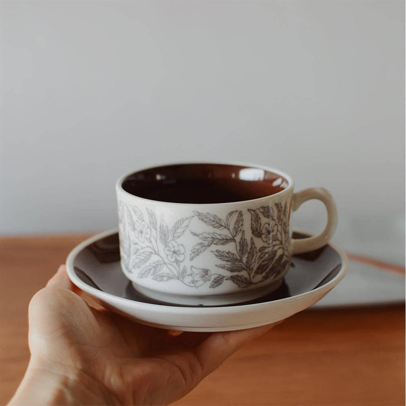 Vintage Brown Hibiscus Coffee Cup and Saucer Set - Eunaliving