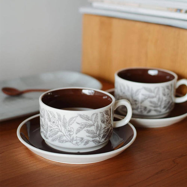 Vintage Brown Hibiscus Coffee Cup and Saucer Set - Eunaliving