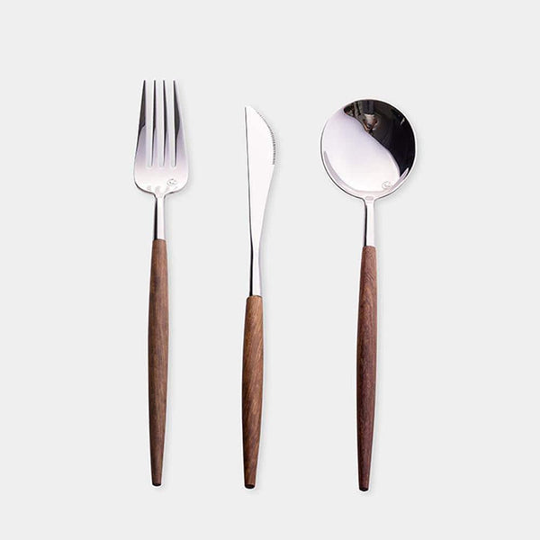 Yellow Pear Wood Stainless Steel Knife And Fork Spoon Set - Eunaliving